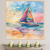 Colorful Sailboat Watercolor Painting with Ocean Waves, Sunset Sky, and Flying Seagulls on Ready to Hang 1.5" Thick Canvas Wrap, Floating Framed Canvas, Flat Rolled Canvas